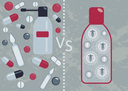 Antibiotics and medicine with bacteriophage. Illustration of future of medicine. How good viruses can help to combat antibiotic resistant bacteria and made the treatment safer and betterのイラスト素材