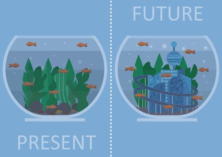 Illustration of sea level rise. There is two aquariums: one is representing present with fish and sea weed and another one representing future with drowned city, lost in algaeのイラスト素材