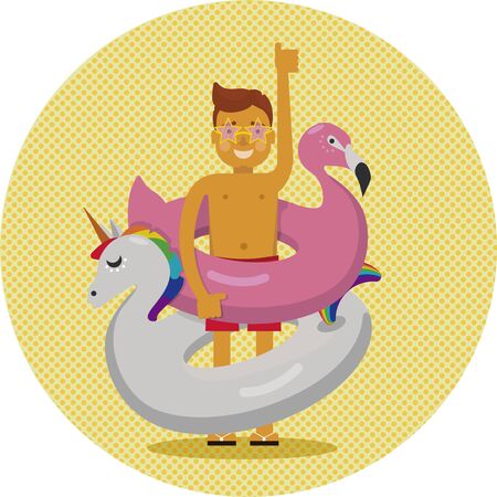 Ready for summer. A man or a boy in star shaped sunglasses and red swimming trunks is holding flamingo's and unicorn's floatのイラスト素材
