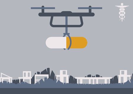 A drone is carrying a pill. The modern delivery and distribution of medicine, the possibility to provide the access to the pharmaceutical products for hard-to-reach areas and populationのイラスト素材