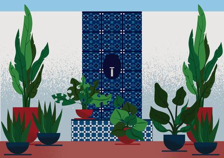 Flat illustration of interior garden in mediterranean style, with white-blue ceramic tiles with geometric ornament on white walls and spring of water, with different plants in the potsのイラスト素材