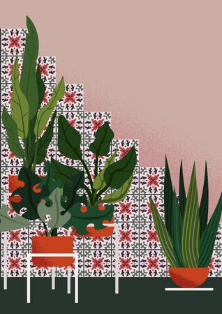 Flat illustration of interior garden in mediterranean style, with colorful ceramic tiles with green-rose art nouveau ornament on pink walls, with different plants in the ornage potsのイラスト素材