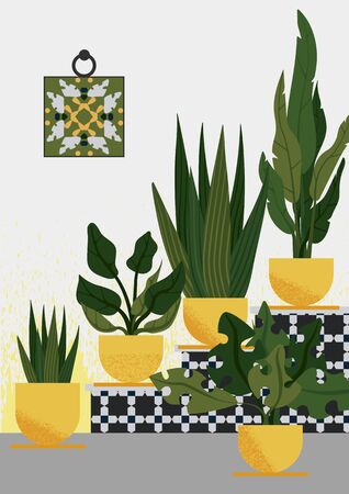 Flat illustration of interior garden with one yellow-green ceramic paintings hanged on the wall, with the stairs with monochromatic geometric ceramic tiles and with different plants in the yellow or gold potsのイラスト素材
