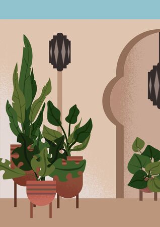 Flat illustration of interior garden in moroccan style, with fake alcove, oriental lanterns and plants in ceramic pots, for ones, who would like to escape to desert fairy-taleのイラスト素材