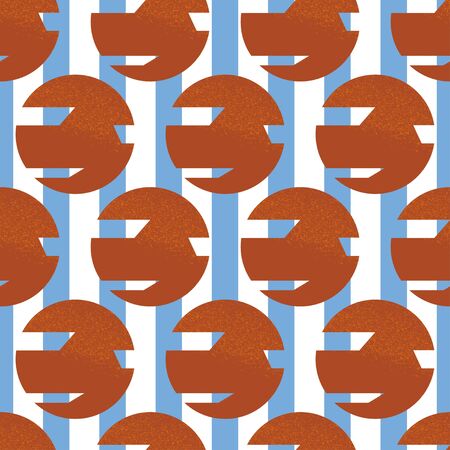 Seamless geometric pattern with gold and orange cutted textured circles and blue lines on white background inspired by avant-garde art and russian constructivismのイラスト素材