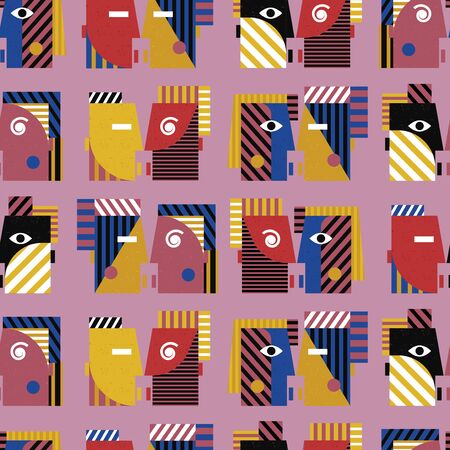 Kissing people seamless colorful geometric pattern on purple backgroundのイラスト素材