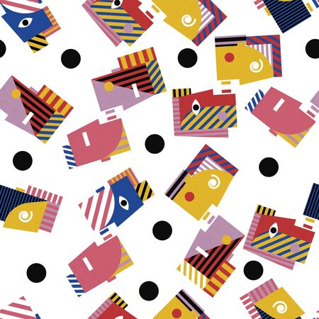 Colorful seamless geometric pattern with kissing people in white background with black dotsのイラスト素材