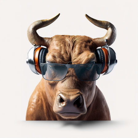 close up of a bull mask with headphone and sunglassesの写真素材