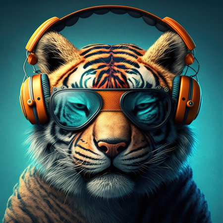 close up of a tiger with headphone and sunglassesの写真素材
