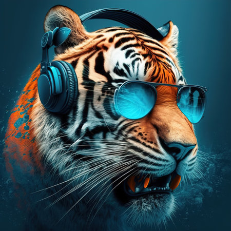 close up of a tiger with headphone and sunglassesの写真素材
