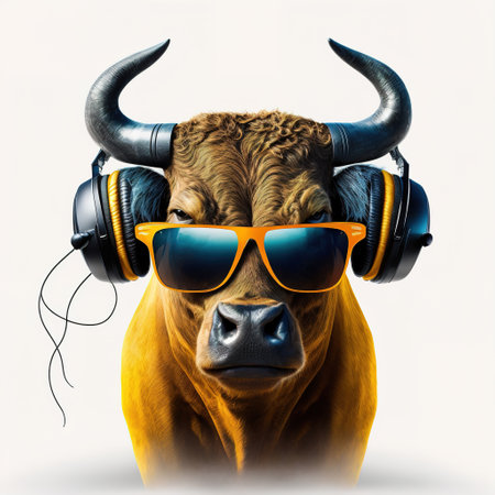 close up of a bull mask with headphone and sunglassesの写真素材