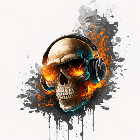 burning skull with flames in sunglasses and headphoneの写真素材