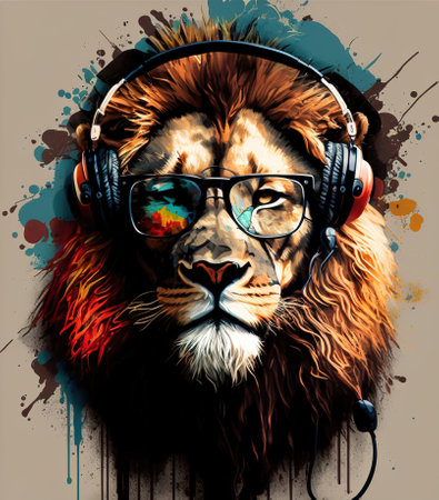 close up of a lion with headphone and sunglassesの写真素材