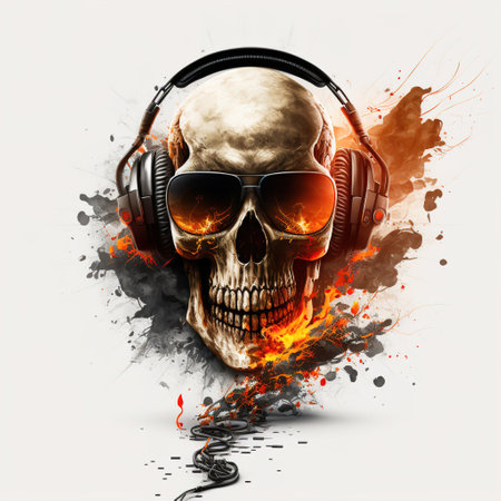 burning skull with flames in sunglasses and headphoneの写真素材