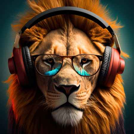 close up of a lion with headphone and sunglassesの写真素材