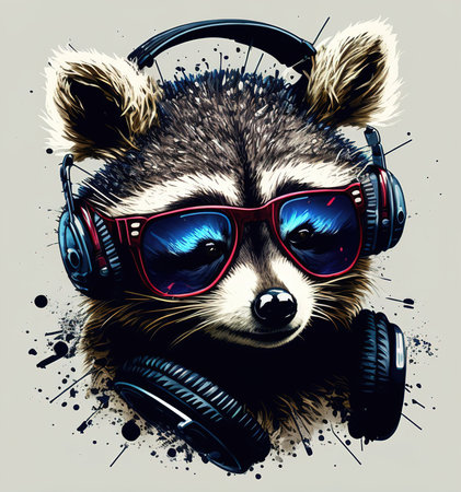 close up of a raccoon with headphone and sunglassesの写真素材