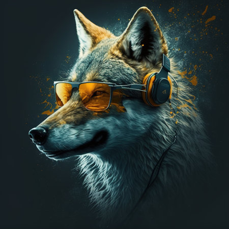 close up of a wolf with headphone and sunglassesの写真素材