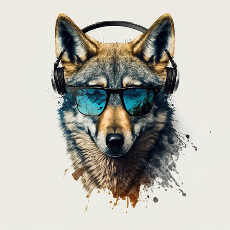close up of a wolf with headphone and sunglasses