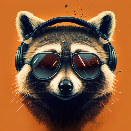 close up of a raccoon with headphone and sunglassesの写真素材