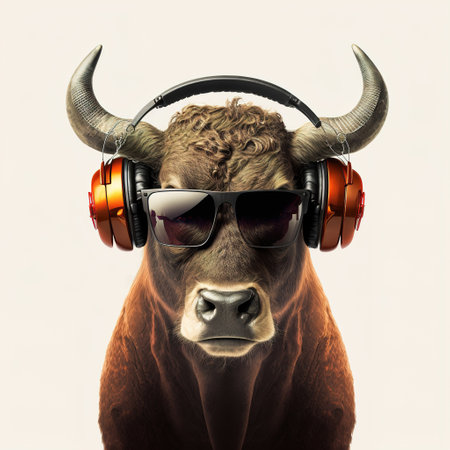 close up of a bull mask with headphone and sunglassesの写真素材