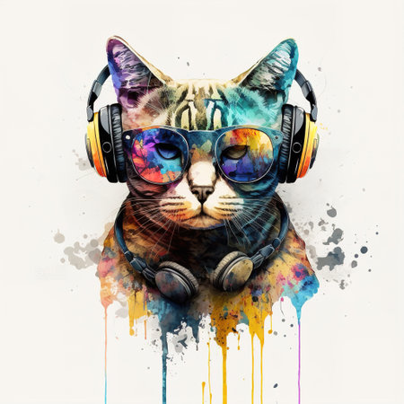 cat wearing sunglasses and headphoneの写真素材