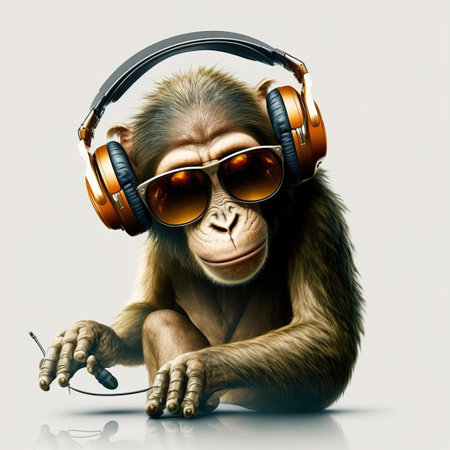 Monkey wearing sunglasses and headphoneの写真素材