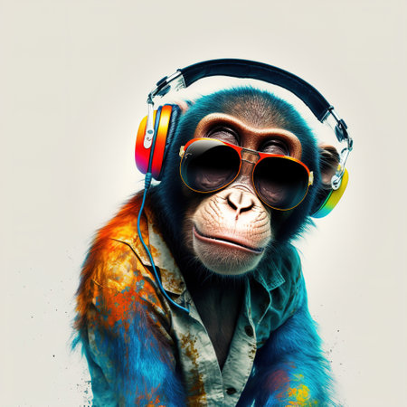 Monkey wearing sunglasses and headphoneの写真素材