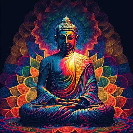 buddha statue on a blue backgroundの写真素材