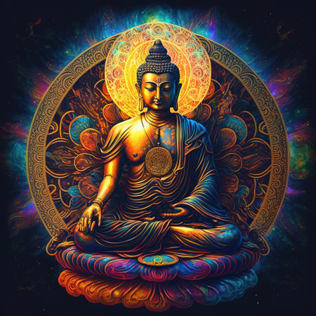 buddha statue on a blue backgroundの写真素材