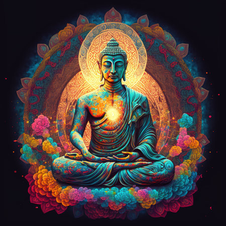 buddha statue on a blue backgroundの写真素材