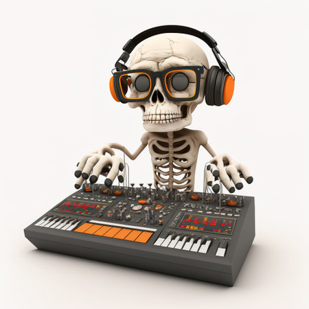 dj skull with headphones and mixer consoleの写真素材