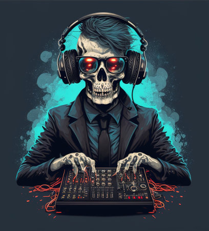 dj skull with headphones and mixer consoleの写真素材