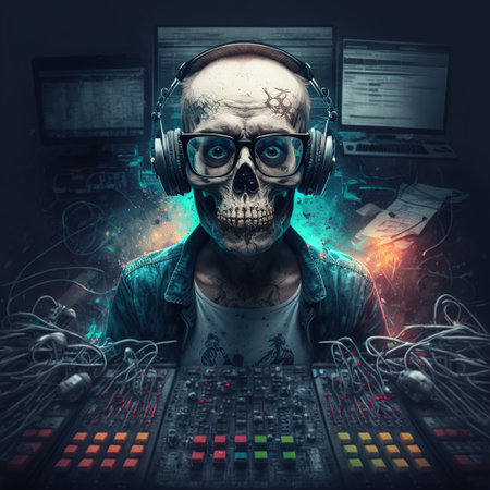 dj skull with headphones and mixer consoleの写真素材