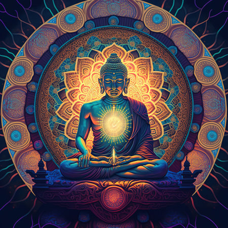 buddha statue on a blue backgroundの写真素材