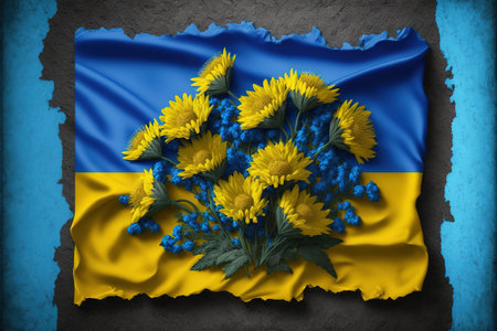 ukraine country flag painted on the white background with flowersの写真素材
