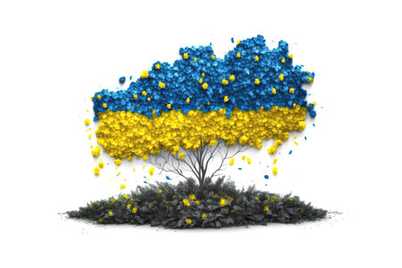 ukraine country flag painted on the white background with flowersの写真素材
