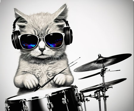 cat drummer playing the drumの写真素材