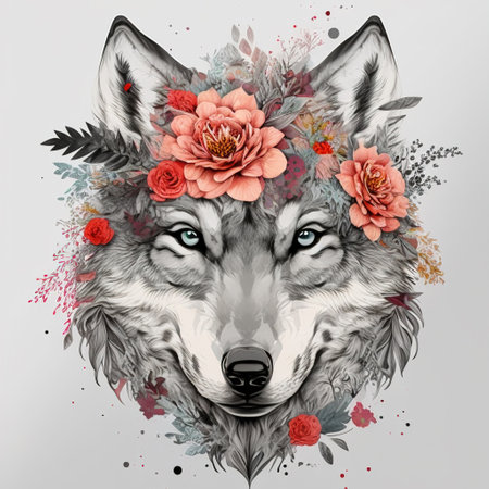 wolf in the sun with flowers color art t-short design