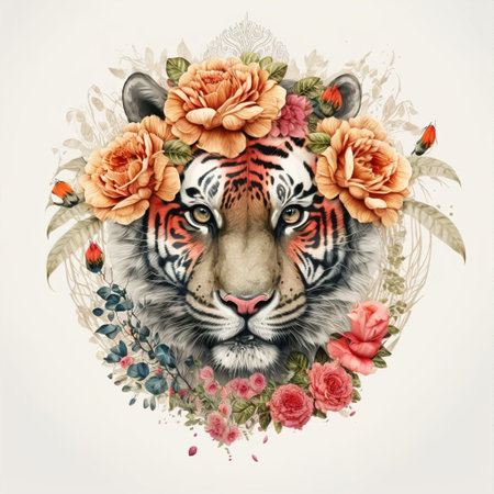 Tiger portrait with floral wreath. hand drawn illustration for your designの写真素材