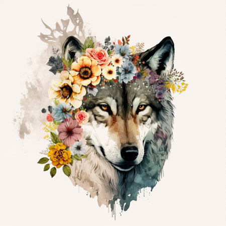 wolf in the sun with flowers color art t-short designの写真素材