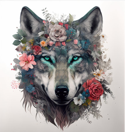 wolf in the sun with flowers color art t-short designの写真素材