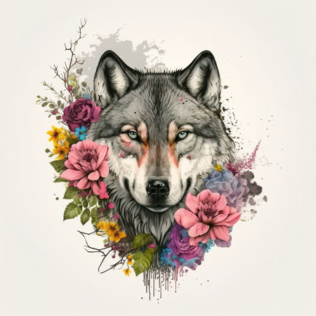 wolf in the sun with flowers color art t-short design