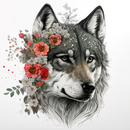 wolf in the sun with flowers color art t-short designの写真素材