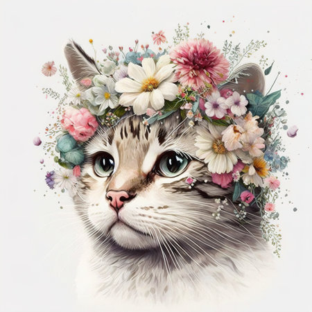 cat with flowers color artの写真素材