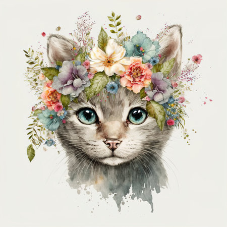 cat with flowers color artの写真素材