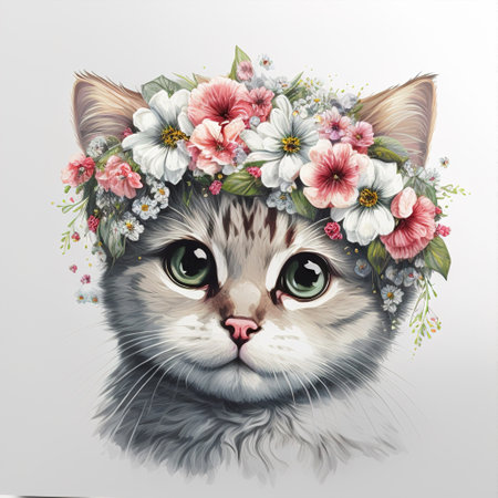 cat with flowers color artの写真素材