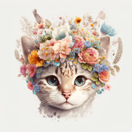 cat with flowers color artの写真素材