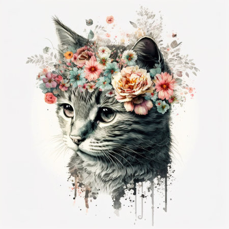 cat with flowers color artの写真素材