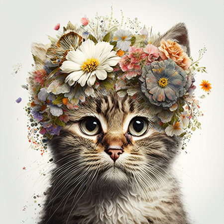 cat with flowers color artの写真素材