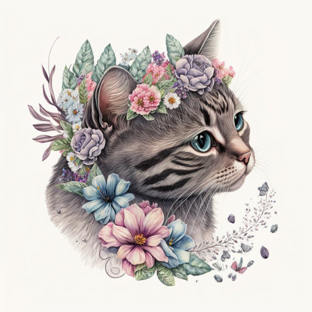cat with flowers color artの写真素材